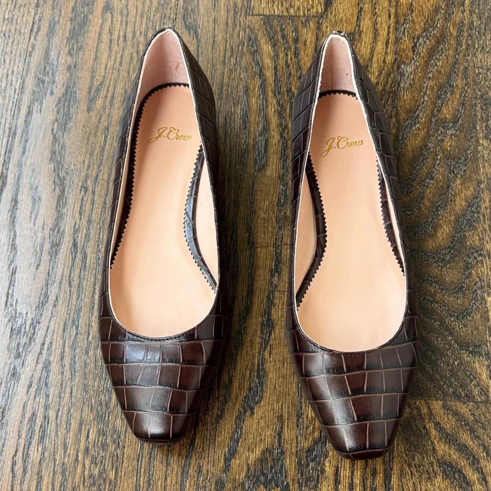 J. Crew Dark Brown Croc-Embossed Flats - Picture 1 of 4